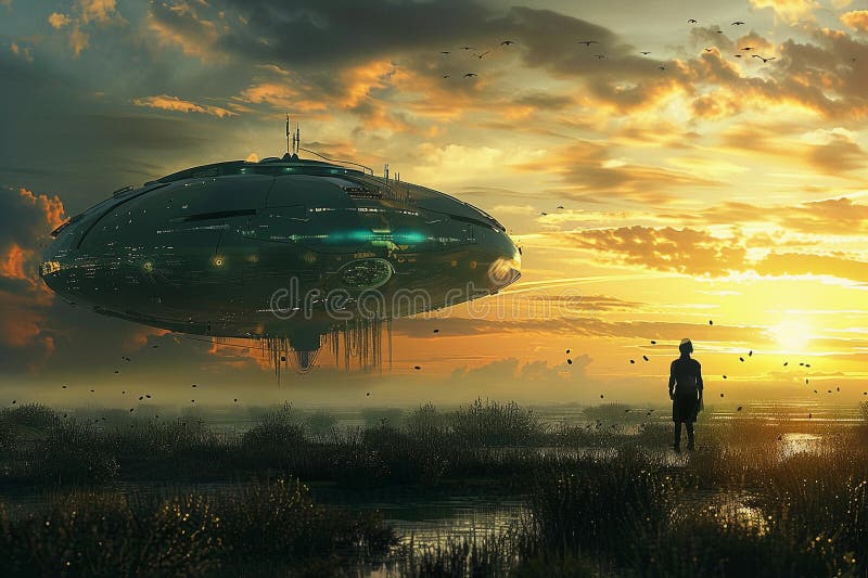 Järnoval ufo saucer hovrar över vackert landskap i dramatisk himmel arkivbild