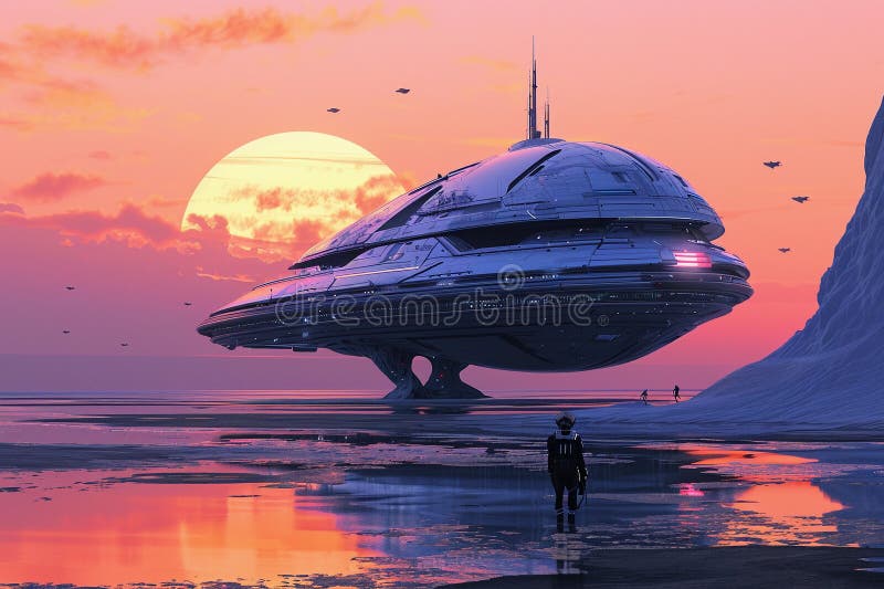 Järnoval ufo saucer hovrar över vackert landskap i dramatisk himmel royaltyfri foto