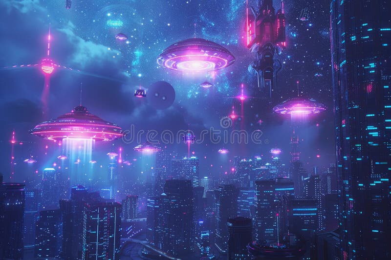 Järnoval ufo saucer hovrar över vackert landskap i dramatisk himmel royaltyfri bild