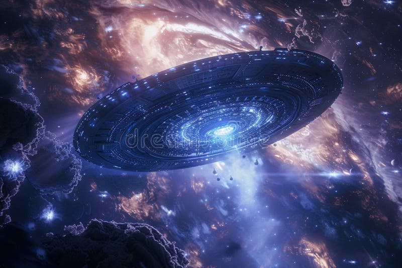 Järnoval ufo saucer hovrar över vackert landskap i dramatisk himmel arkivfoton