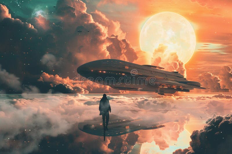 Järnoval ufo saucer hovrar över vackert landskap i dramatisk himmel royaltyfri foto