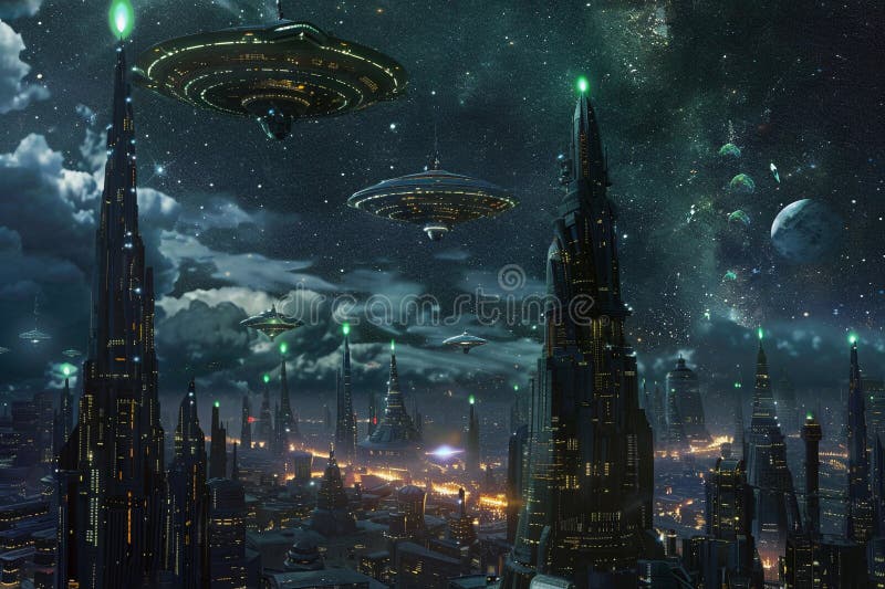 Järnoval ufo saucer hovrar över vackert landskap i dramatisk himmel. Järnoval ufo saucer som hovrar över vackert landskap i djup dramatisk himmel genererad