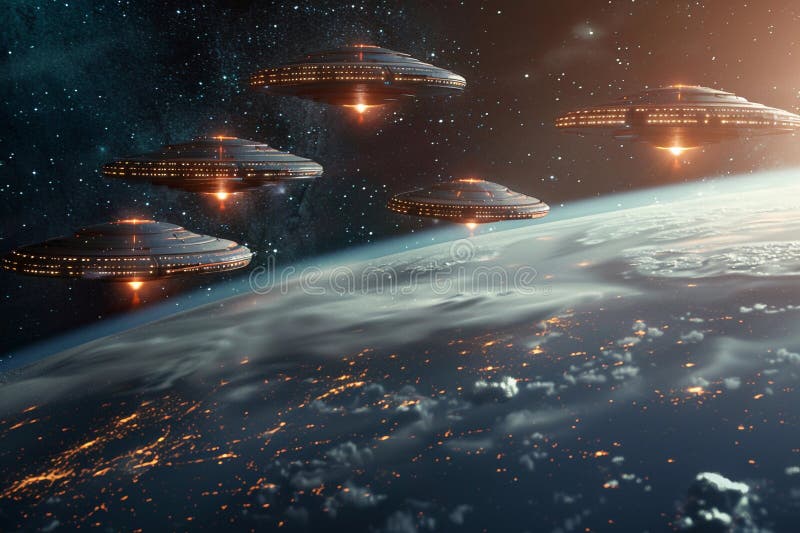 Järnoval ufo saucer hovrar över vackert landskap i dramatisk himmel arkivfoton