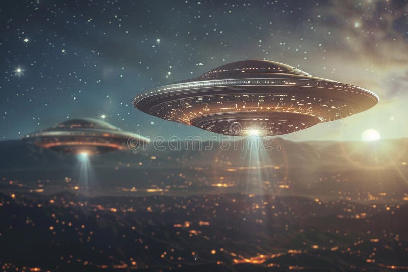 Järnoval ufo saucer hovrar över vackert landskap i dramatisk himmel royaltyfri fotografi