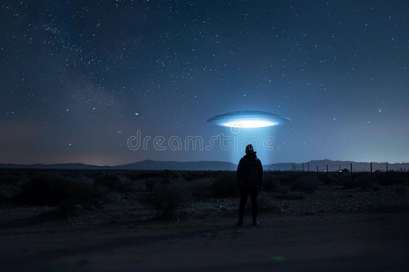 Järnoval ufo saucer hovrar över vackert landskap i dramatisk himmel royaltyfri foto