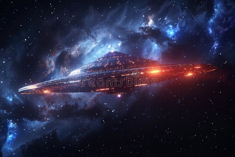 Järnoval ufo saucer hovrar över vackert landskap i dramatisk himmel arkivbild