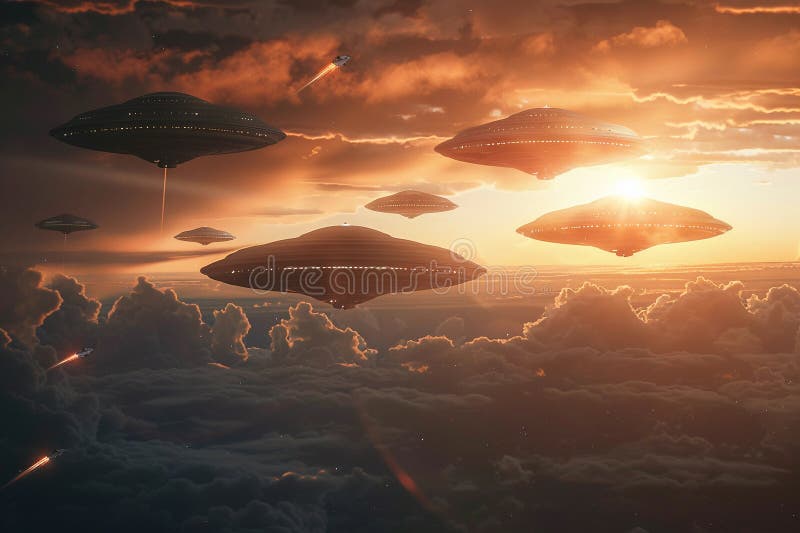Järnoval ufo saucer hovrar över vackert landskap i dramatisk himmel royaltyfria bilder