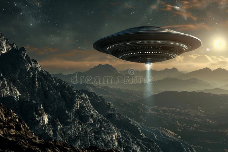 Järnoval ufo saucer hovrar över vackert landskap i dramatisk himmel arkivfoto