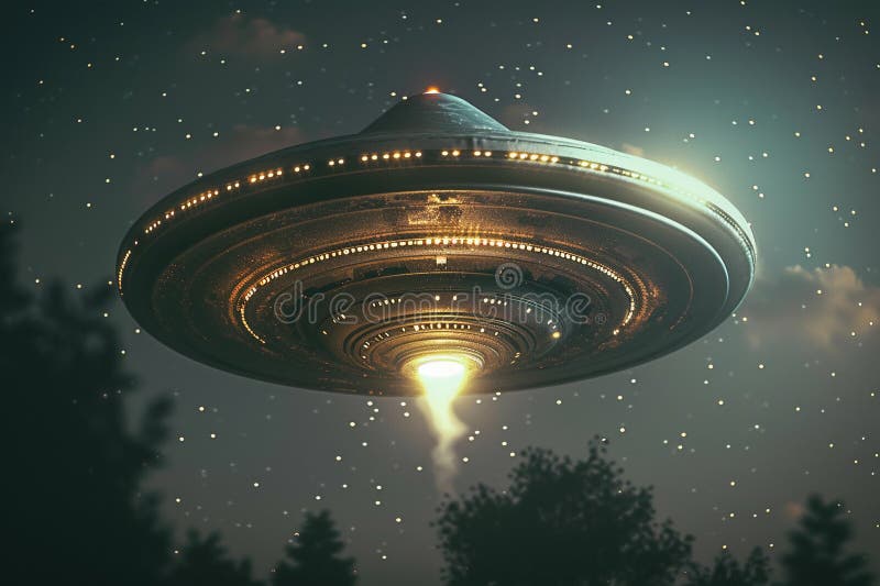 Järnoval ufo saucer hovrar över vackert landskap i dramatisk himmel royaltyfria foton