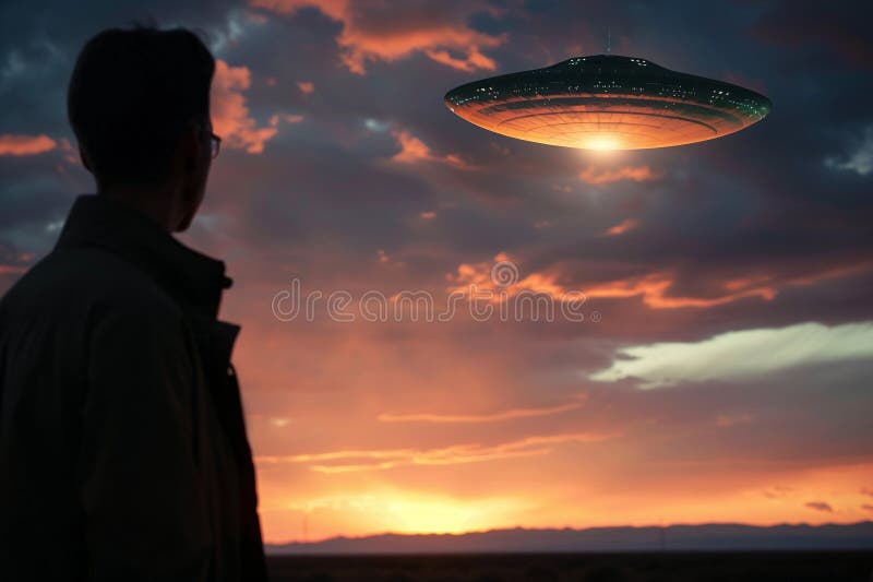 Järnoval ufo saucer hovrar över vackert landskap i dramatisk himmel royaltyfri foto