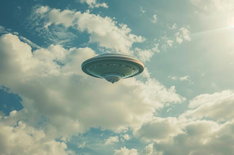 Järnoval ufo saucer hovrar över vackert landskap i dramatisk himmel arkivfoto