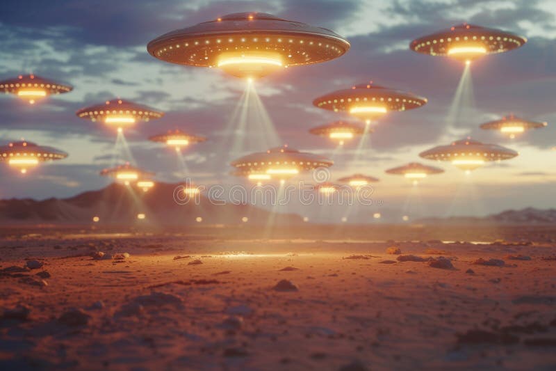 Järnoval ufo saucer hovrar över vackert landskap i dramatisk himmel royaltyfri bild