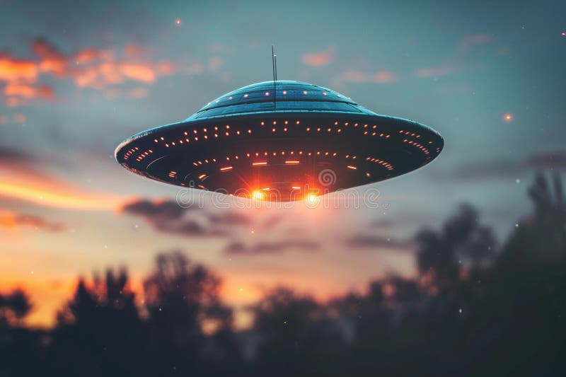 Järnoval ufo saucer hovrar över vackert landskap i dramatisk himmel arkivfoton
