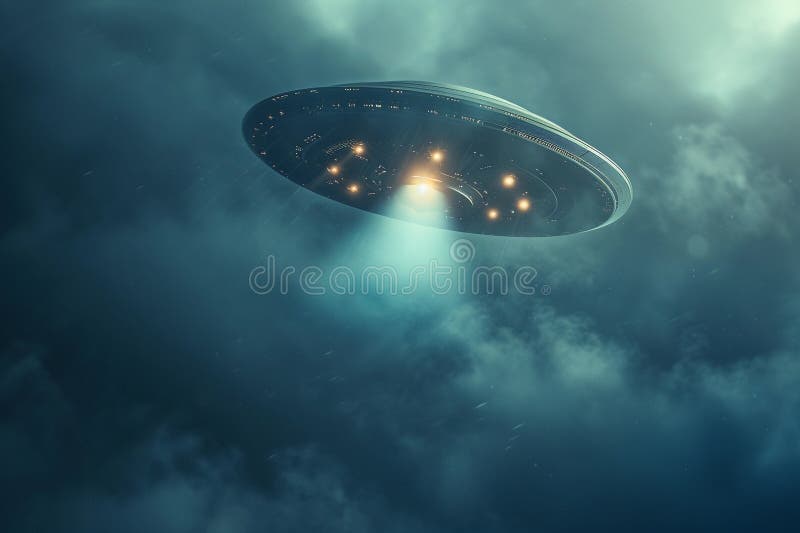 Järnoval ufo saucer hovrar över vackert landskap i dramatisk himmel royaltyfri foto