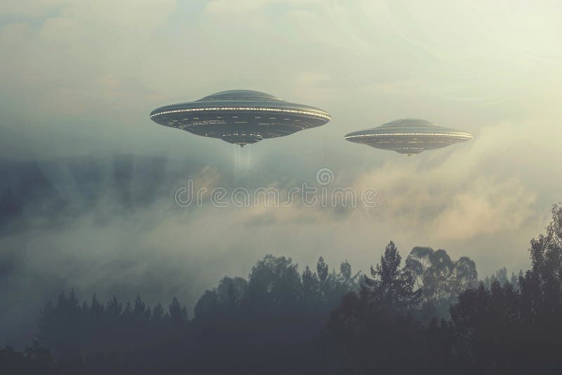 Järnoval ufo saucer hovrar över vackert landskap i dramatisk himmel arkivfoto