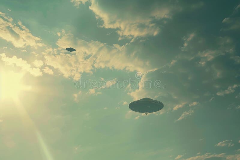 Järnoval ufo saucer hovrar över vackert landskap i dramatisk himmel royaltyfri fotografi
