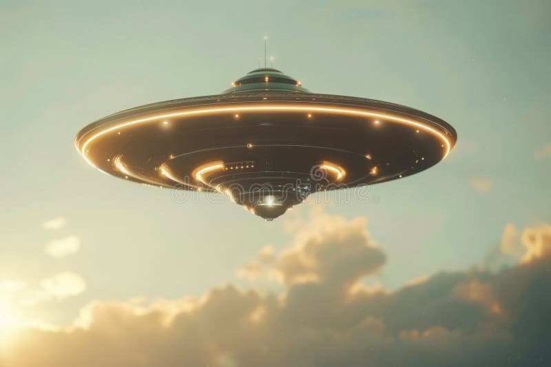 Järnoval ufo saucer hovrar över vackert landskap i dramatisk himmel arkivfoto