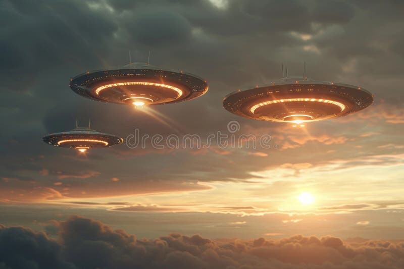 Järnoval ufo saucer hovrar över vackert landskap i dramatisk himmel arkivbild