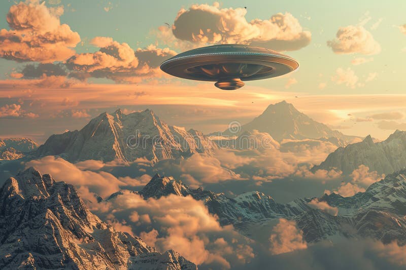 Järnoval ufo saucer som hovrar över vackert landskap i djup dramatisk himmelsfärisk abstrakt levande sammansättning består av arkivbild
