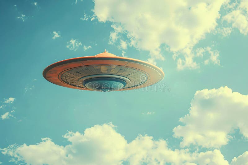 Järnoval ufo saucer som hovrar över vackert landskap i djup dramatisk himmelsfärisk abstrakt levande sammansättning består av arkivbilder