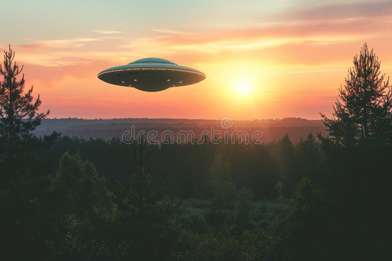 Järnoval ufo saucer som hovrar över vackert landskap i djup dramatisk himmelsfärisk abstrakt levande sammansättning består av arkivbild