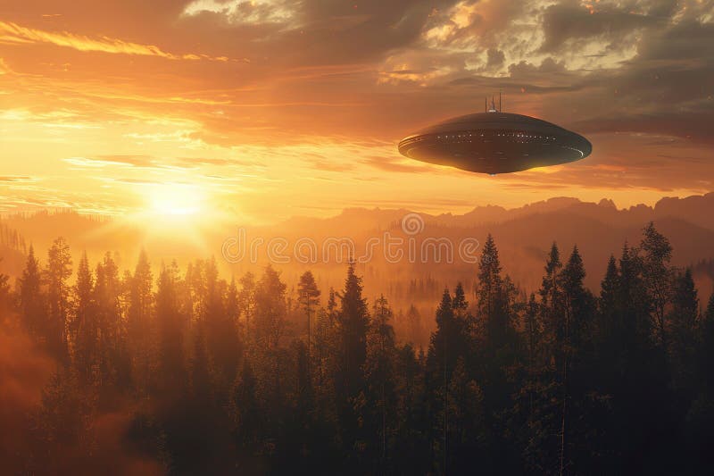 Järnoval ufo saucer som hovrar över vackert landskap i djup dramatisk himmelsfärisk abstrakt levande sammansättning består av arkivfoto