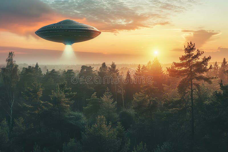 Järnoval ufo saucer som hovrar över vackert landskap i djup dramatisk himmelsfärisk abstrakt levande sammansättning består av arkivbild
