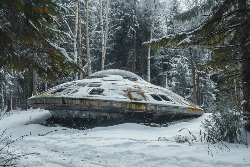 Järnoval ufo saucer som hovrar över vackert landskap i djup dramatisk himmelsfärisk abstrakt levande sammansättning består av arkivfoton