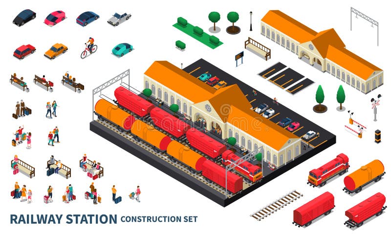 Järnvägsstationkonstruktionsuppsättning vektor illustrationer Järnvägsstationkonstruktionsuppsättning vektor illustrationer