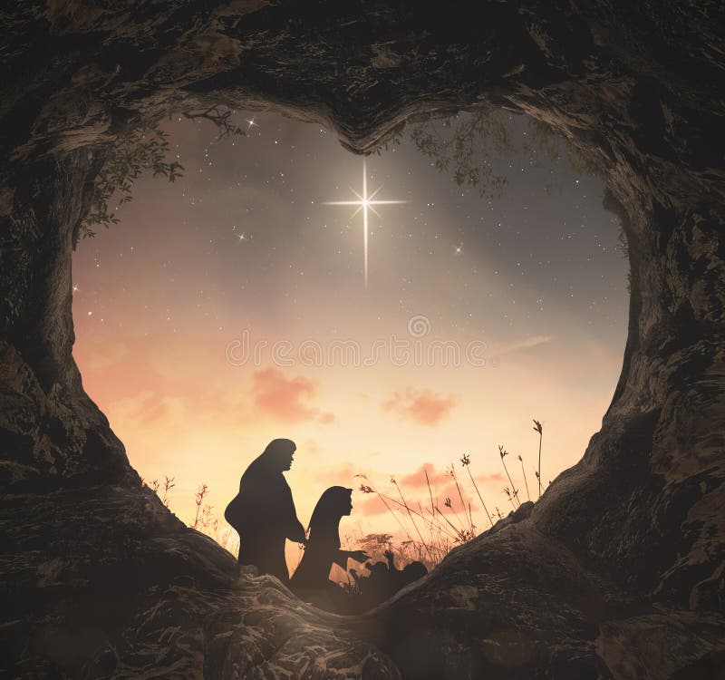 Christmas religious nativity story concept: Silhouette mother Mary and father Joseph looking Jesus born in birth manger with heart shape of tomb stone on night. Christmas religious nativity story concept: Silhouette mother Mary and father Joseph looking Jesus born in birth manger with heart shape of tomb stone on night