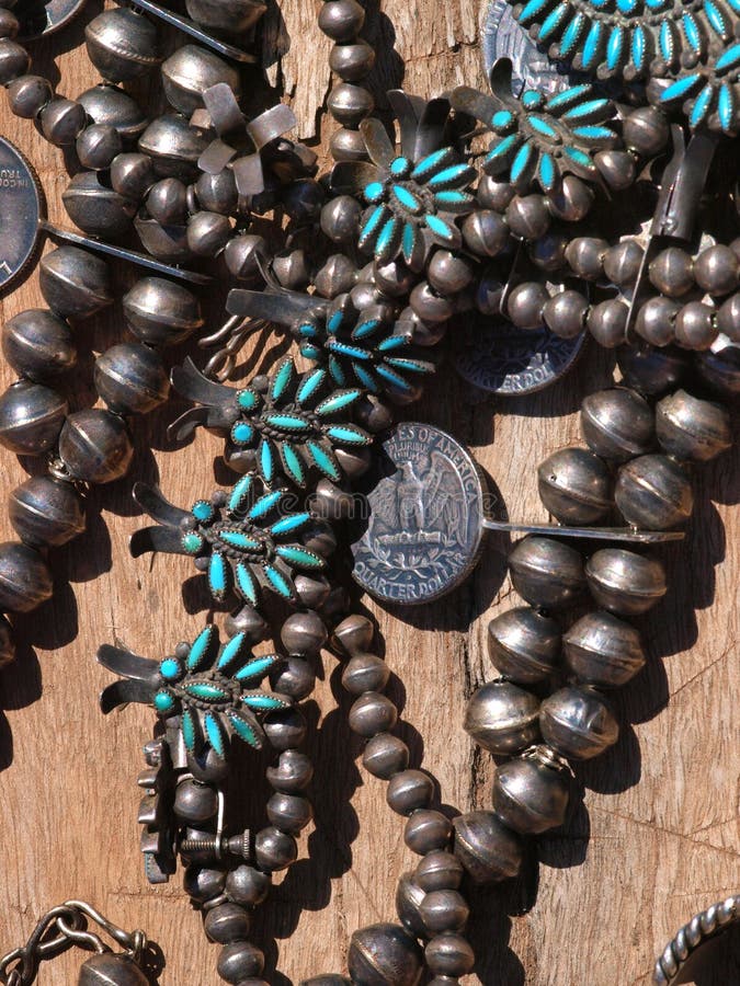 Detail of an assortment of Native American jewelry. Detail of an assortment of Native American jewelry