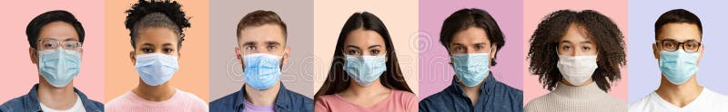 Jóvenes internacionales gravemente descontentos con máscaras médicas frente a la cámara protegida contra el virus fotos de archivo libres de regalías