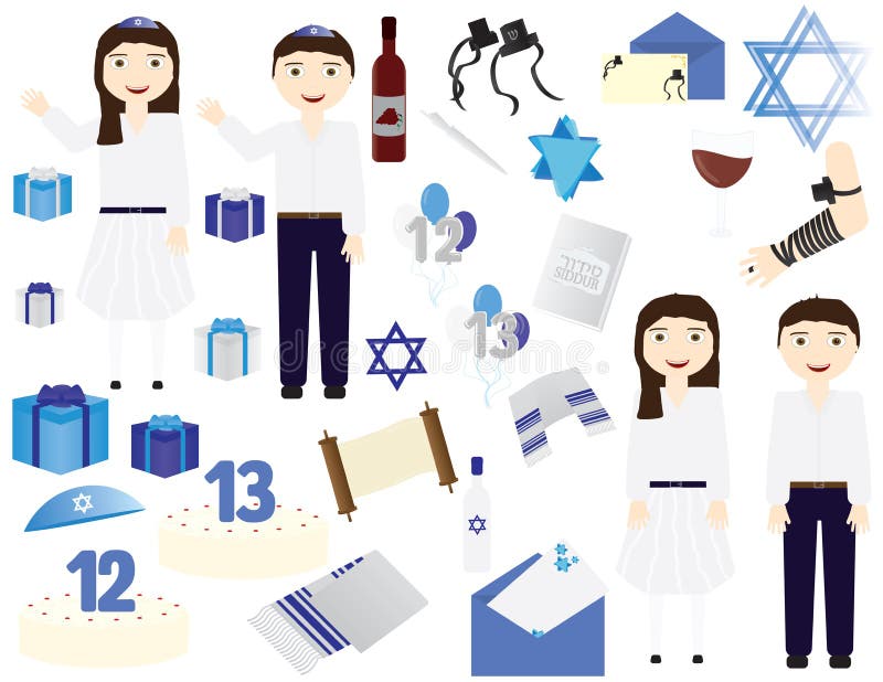 Jüdische Bar Mizwa-Bat Mitzvah Vektorikonenelemente Jüdisches Mädchen, das 12. Geburtstag, jüdischen Jungen feiert 13. Geburtstag stock abbildung Jüdische Bar Mizwa-Bat Mitzvah Vektorikonenelemente Jüdisches Mädchen, das 12. Geburtstag, jüdischen Jungen feiert 13. Geburtstag stock abbildung
