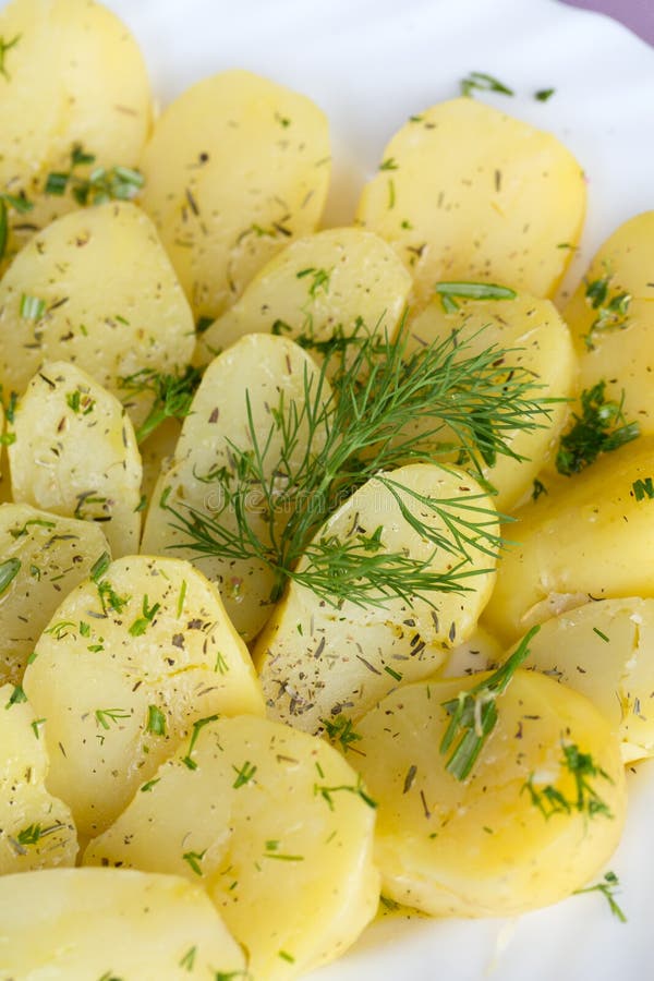 Gekochte Kartoffeln Mit Dill Und Olive Stockbild Bild von knusperig