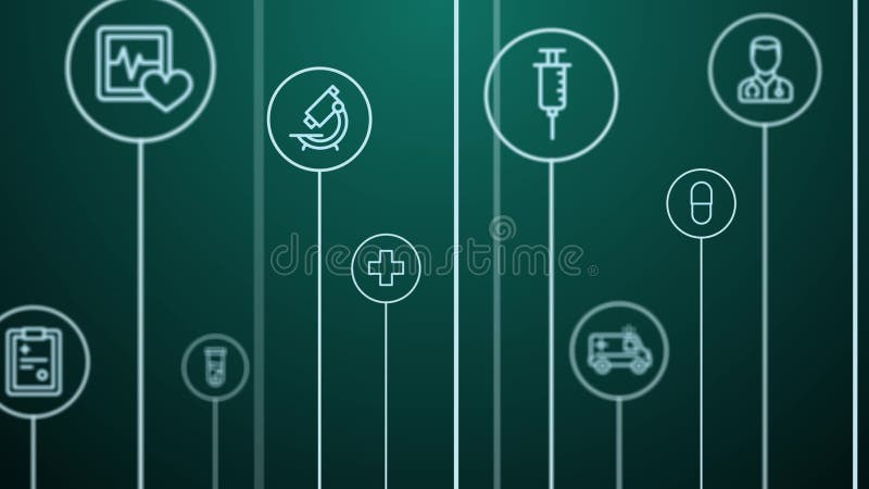 4K Abstract animation. Healthcare technology, medicine background. Moving pass through lines, circles and icons. Growth vector illustration
