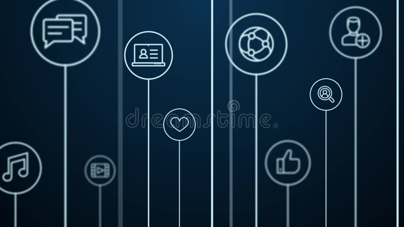4K Abstract animation. Social media network background. Moving pass through lines, circles and icons. Growth concept vector illustration