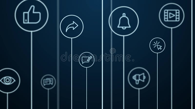 4K Abstract animation. Social media network background. Moving pass through lines, circles and icons. Growth concept stock illustration
