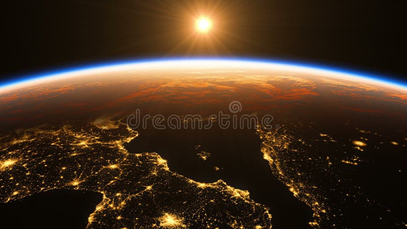 4k. Alba nello spazio. Vista incredibili di notte sulla zona europea di pianeta Terra.