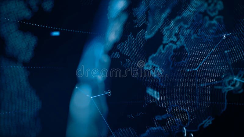 4K Animation Globe with dot world map HUD and infographic graph bar element spin on dark background stock illustration
