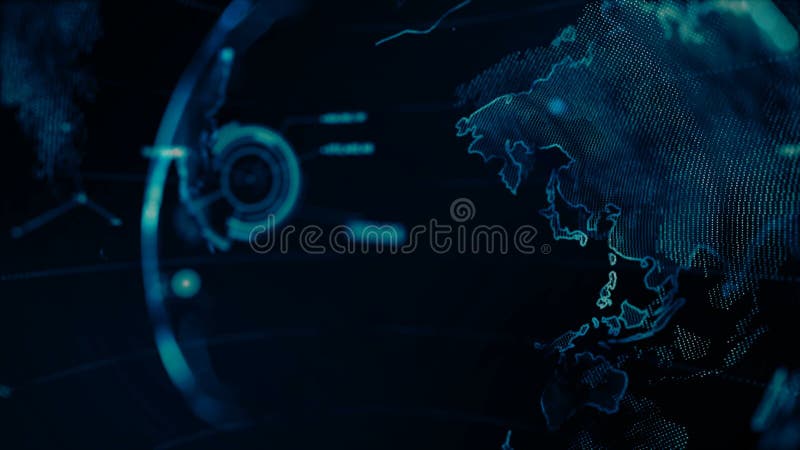 4K Animation Globe with dot world map HUD and infographic graph bar element spin on dark background royalty free illustration