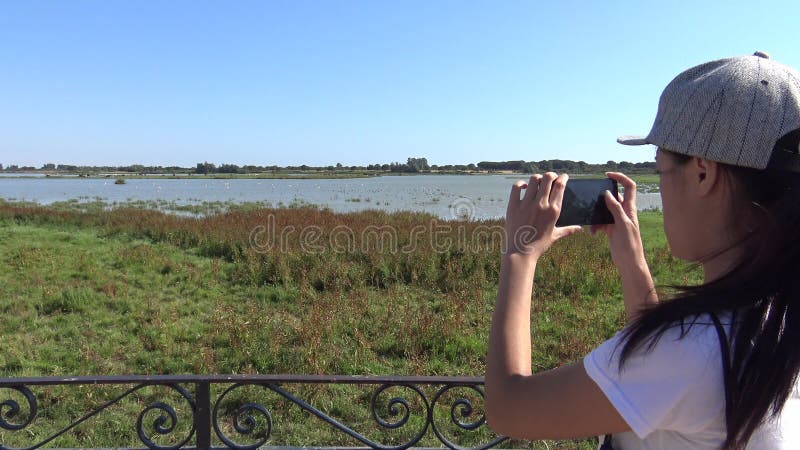 4K, Asiatin, die Foto mit Smartphone des Sumpfes in Doñana macht
