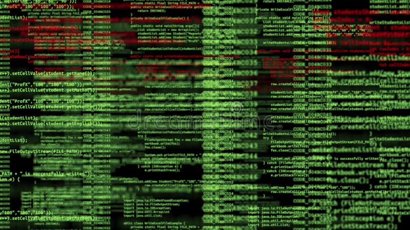 抽象数字屏幕背景上的4k动画. 不同代码语言和颜色 : c汇编java java javascript html和css. 动画循环.