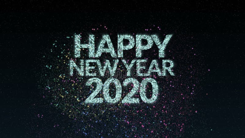 4K Fuochi d'artificio di Happy New Year 2020: testo di saluto con particelle e scintille durante le celebrazioni per il conto all