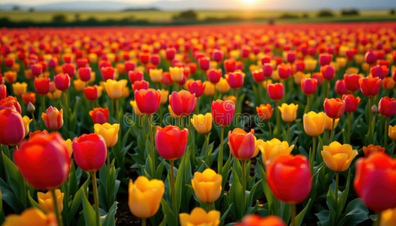 8k gros plan ultra réaliste des champs de tulipe sauvages au kazakhstan pétales rouges et jaunes vifs brillant de rosée matinale image libre de droits