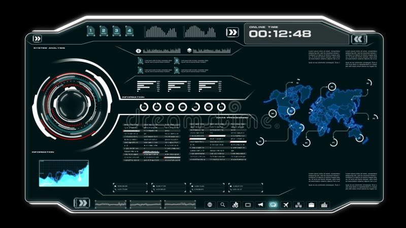 4K interface utilisateurs de l'animation UI avec la table de zone de texte de barre de HUD pi de données de carte du monde et élé illustration de vecteur