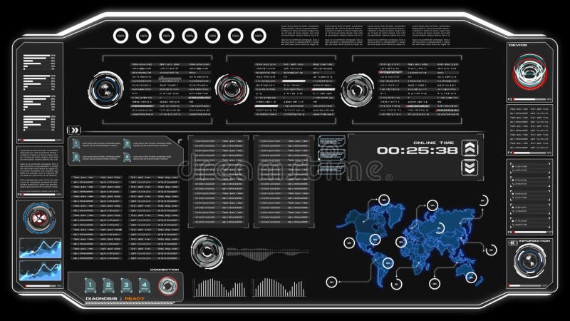 4K interface utilisateurs de l'animation UI avec la table de zone de texte de barre de HUD pi de données de carte du monde et élé illustration de vecteur