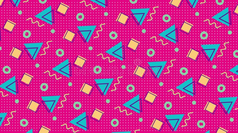 4K multicolor geometric shapes pattern in retro, memphis 80s - 90s style. Animated vintage abstract background. stock illustration