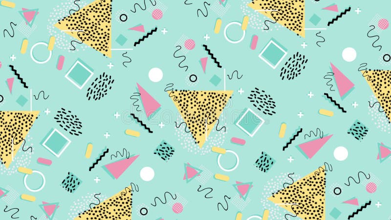 4K multicolor geometric shapes pattern in retro, memphis 80s - 90s style. Animated vintage abstract background. vector illustration