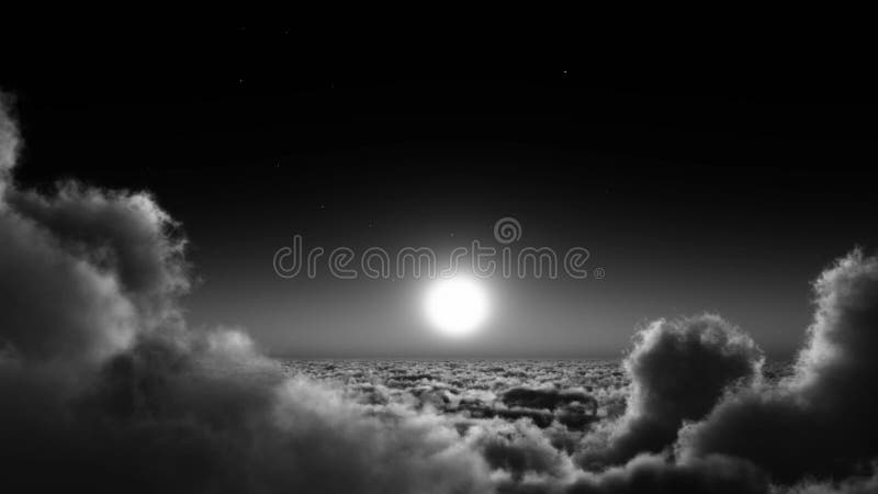 4k nachtvlucht in wolkenmassa, maan & hemelhemel, hoge hoogtekosmische ruimte
