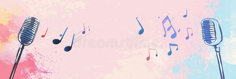 K pop inspirowane minimalistycznym tłem z żywymi nutami muzycznymi i stylowymi mikrofonami. zdjęcia stock